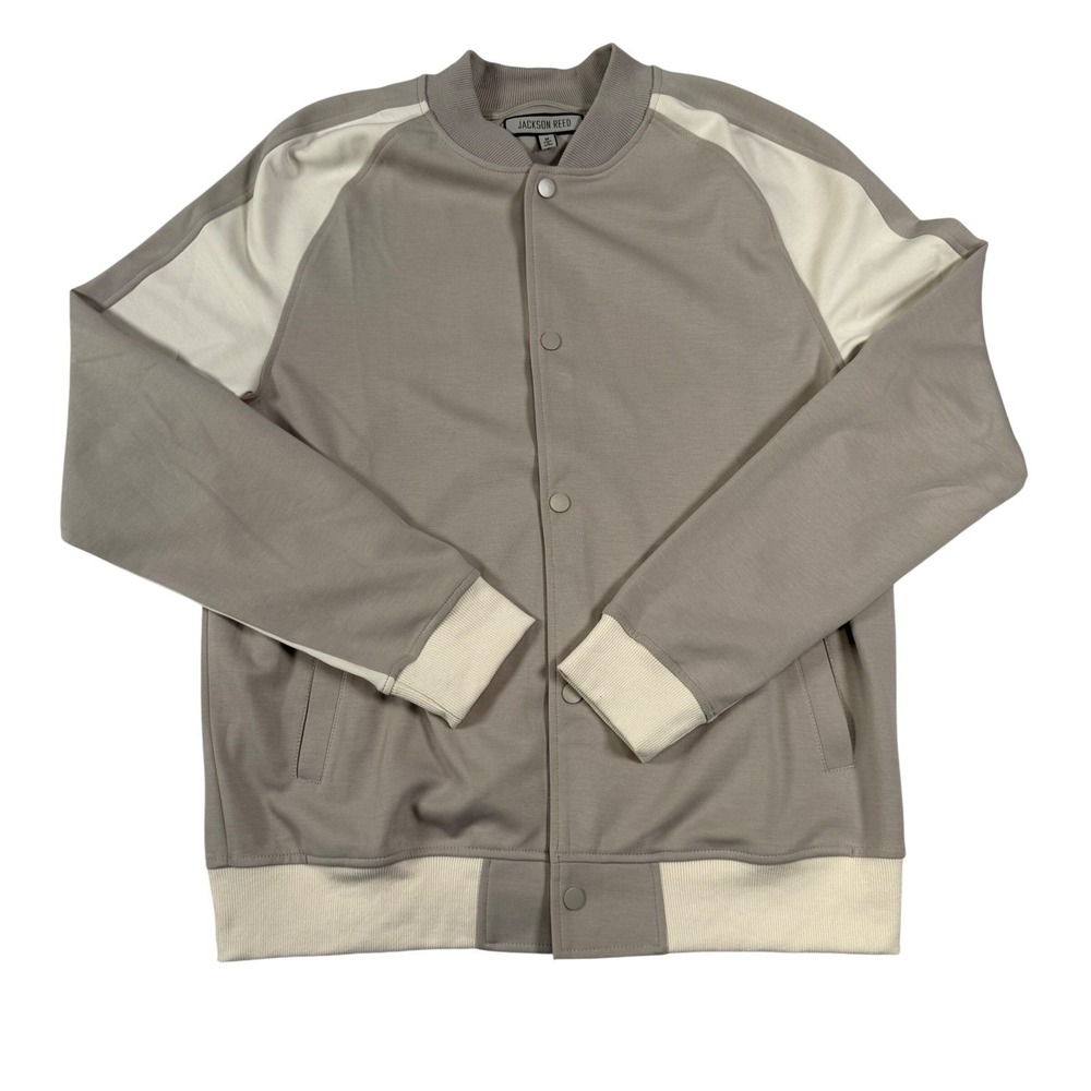 Jackson Reed Mens Tan Cream Varsity Bomber Jacket Snap Front Stretch Size Medium